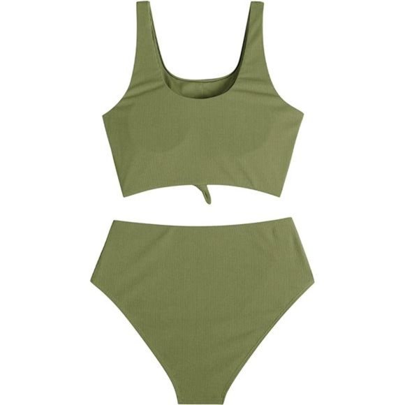 WOMEN'S High Waisted Tankini Knotted Set Swimsuit, olive Green - Picture 3 of 6